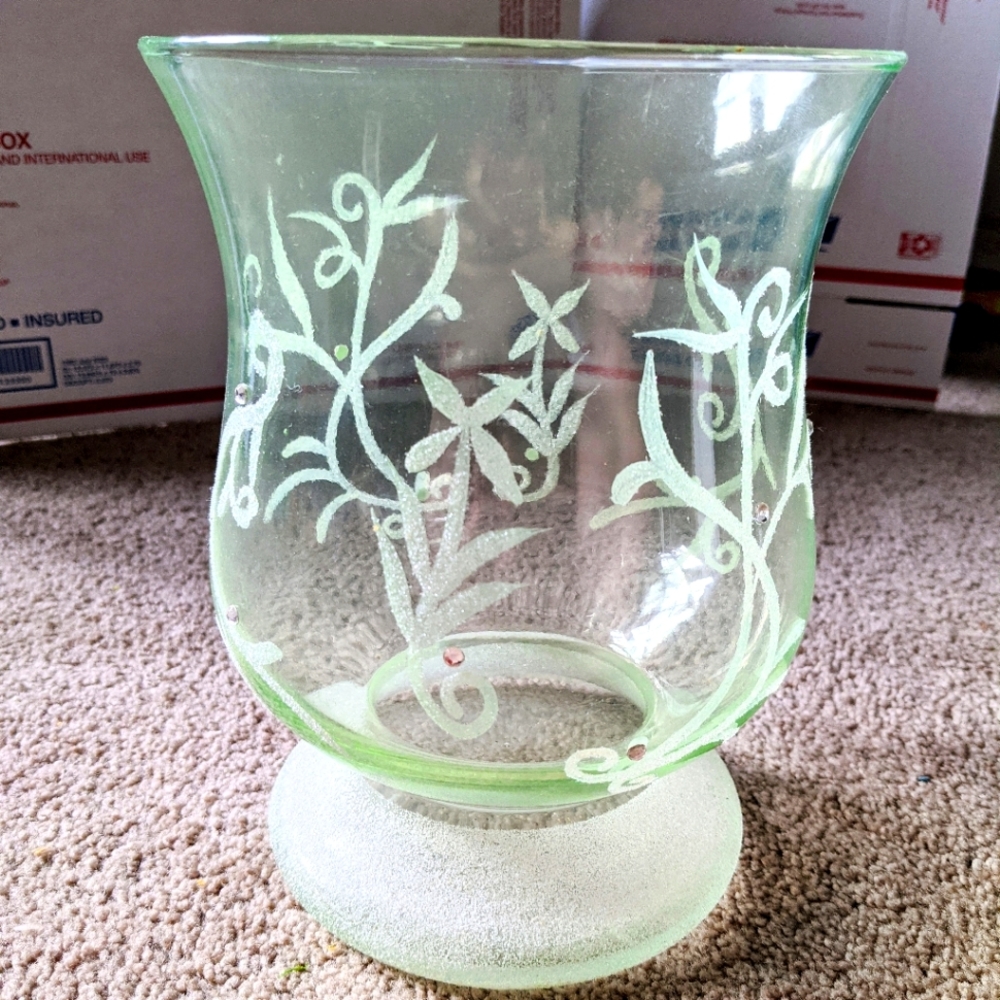 Glass Vase with Green Tint and Sparkly Floral Design